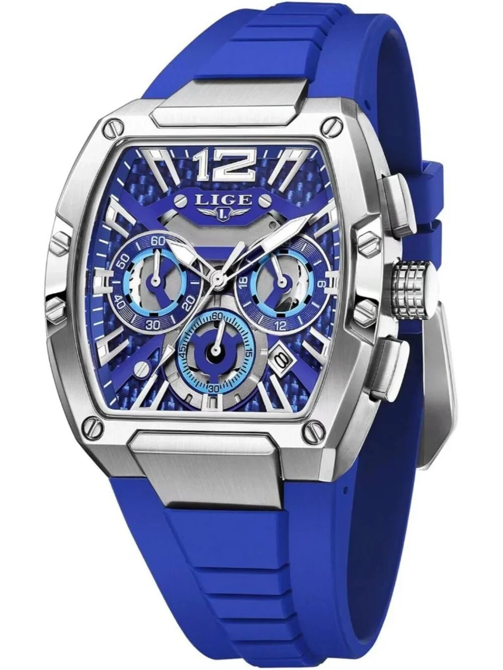Men's Blue and Silver Square Chronograph Stainless Steel Quartz Wrist Watch